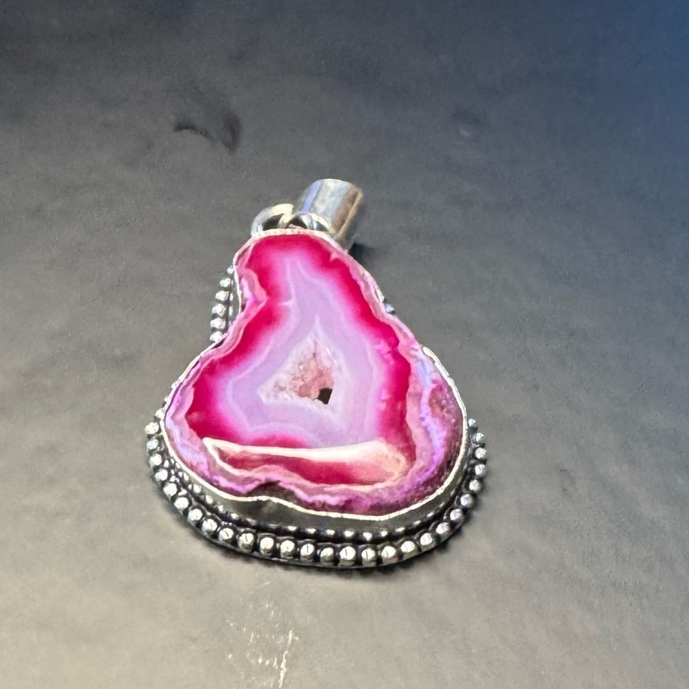 Agate Geode Slice in 925 Silver Plated Gemstone Pendant 2"